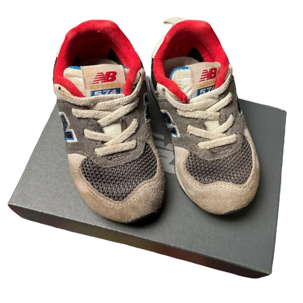 New Balance 574 Bungee Lace Sneakers Toddler Grey Blue Red Accent‎ Shoes